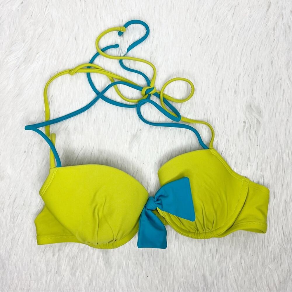AERIE / Blakely lime green blue bow front strappy bikini top / 34B